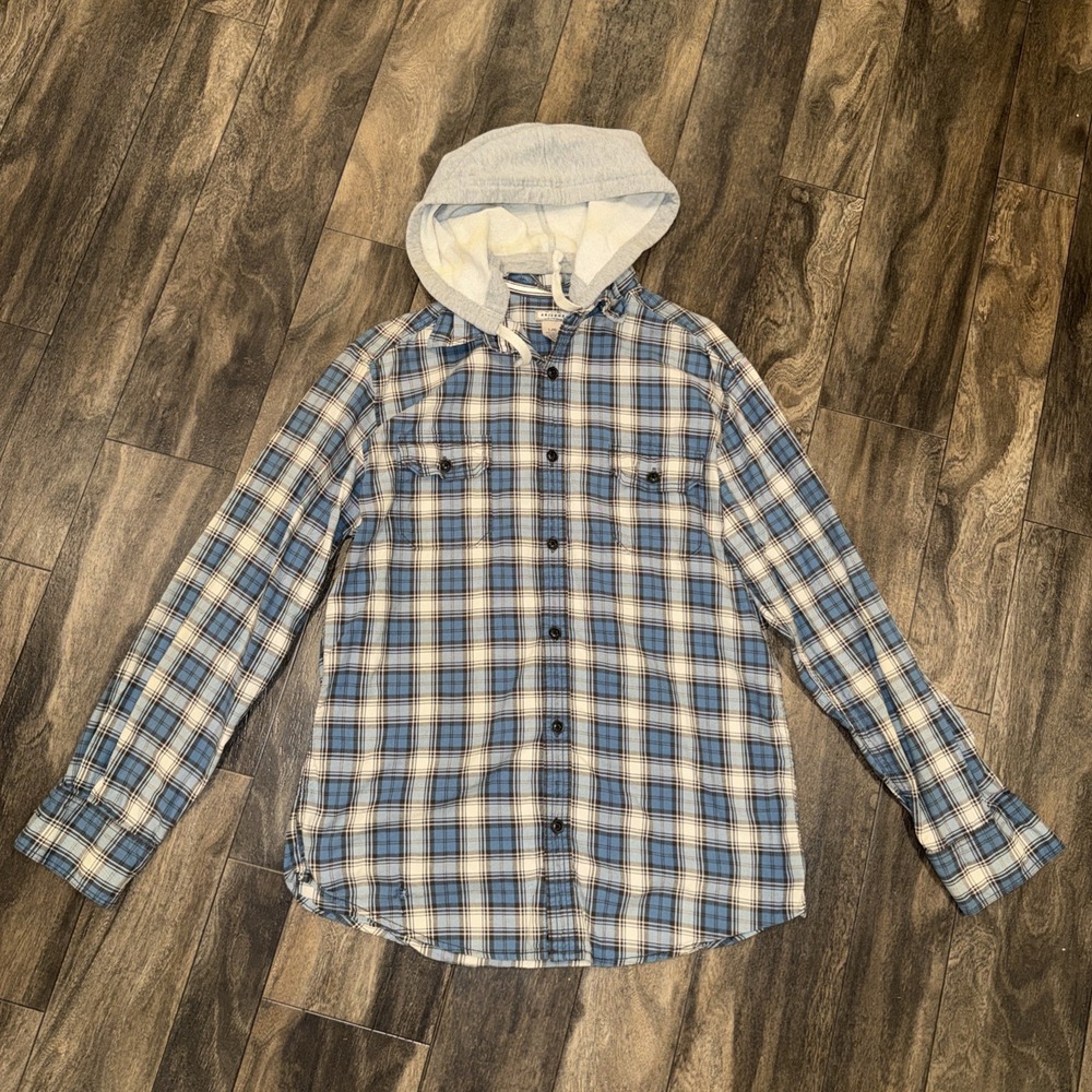 Arizona Jean Co. Plaid Button-Up Flannel Long Sleeve‎ Hooded Shirt Blue Men's L
